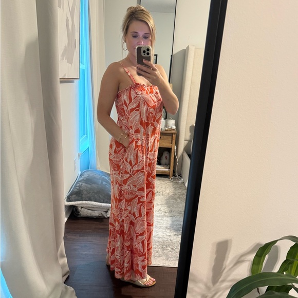 Resort Style Tropical Floral Vacation Orange & White Maxi Dress - Picture 2 of 14